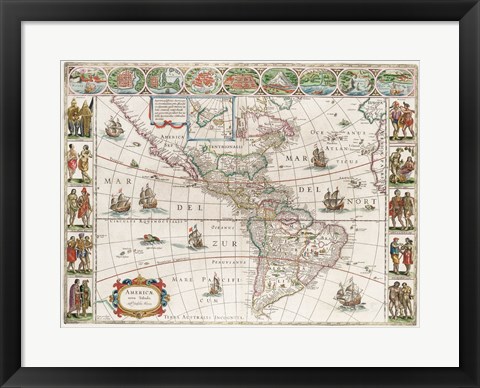 Framed Americae Nova Tabula - Map of North and South America Print
