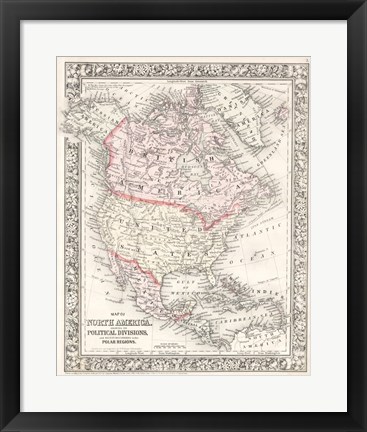 Framed 1864 Mitchell Map of North America Print