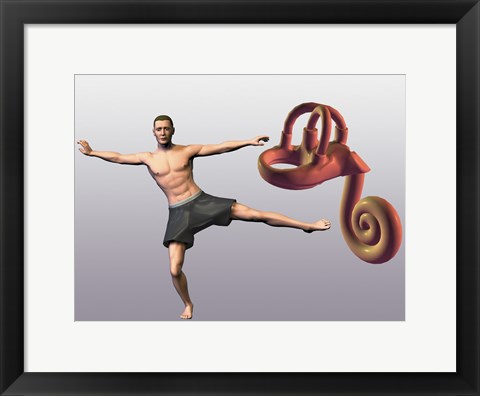 Framed Man standing on one leg near a human ear model Print