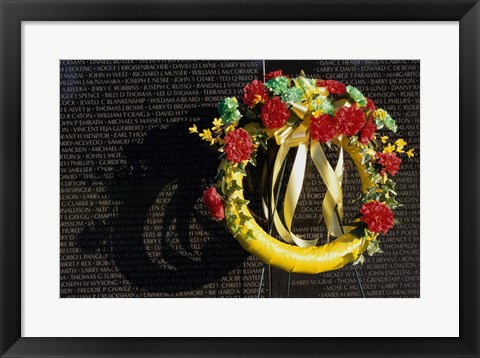 Framed Wreath on the Vietnam Veterans Memorial Wall, Vietnam Veterans Memorial, Washington, D.C., USA Print