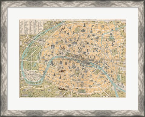 Framed 1890 Guilmin Map of Paris, France with Monuments Print