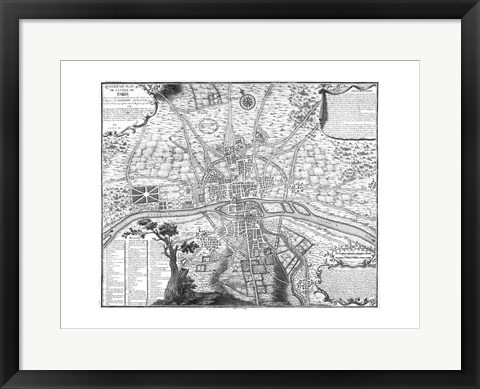 Framed Plan de Paris - black and white Print