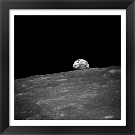 Framed first photograph taken by humans of Earthrise during Apollo 8. Print
