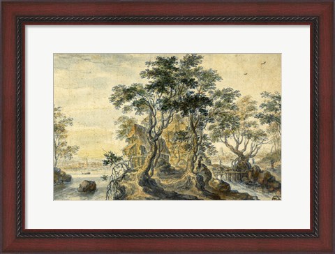 Framed River Landscape with House on a Rocky Island Print