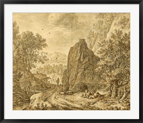 Framed Mountain Landscape with Figures Print