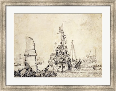 Framed Ship in a Port with a Ruined Obelisk Print