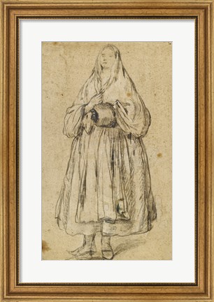 Framed Standing Woman Holding a Muff and Shawl Print