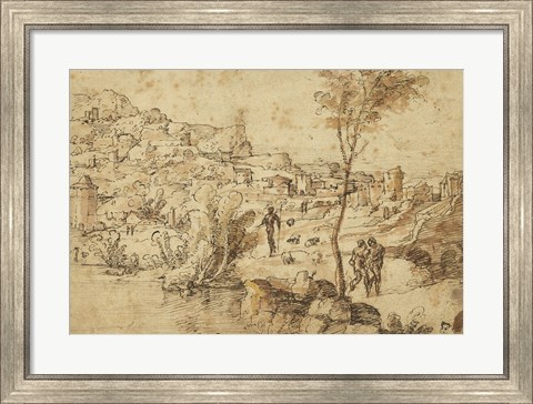 Framed Landscape with Shepherds by a River and a Town Beyond Print
