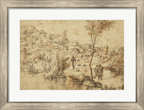 Framed Landscape with Shepherds by a River and a Town Beyond Print