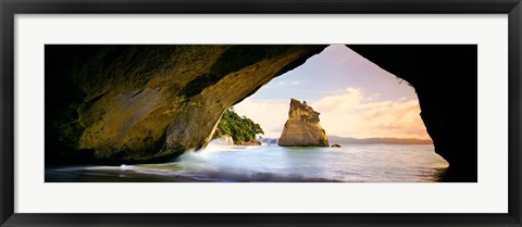 Framed Rock formations in the Pacific Ocean, Cathedral Cove, Coromandel, East Coast, North Island, New Zealand Print