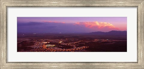 Framed Aerial view of a city lit up at sunset, Phoenix, Maricopa County, Arizona, USA Print