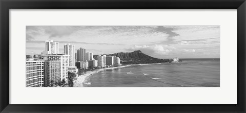 Framed Diamond Head, Waikiki, Oahu, Honolulu, Hawaii (black &amp; white) Print