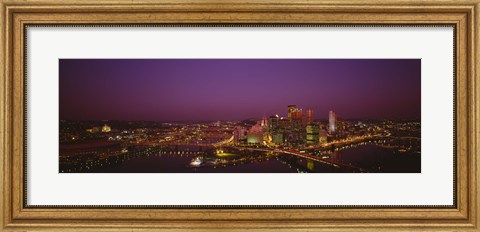 Framed High angle view of buildings lit up at night, Three Rivers Stadium, Pittsburgh, Pennsylvania, USA Print
