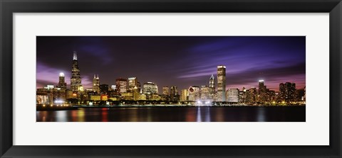 Framed Buildings at the waterfront lit up at night, Chicago, Illinois Print