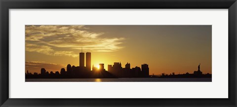 Framed Manhattan skyline and a statue at sunrise, Statue Of Liberty, New York City, New York State, USA Print