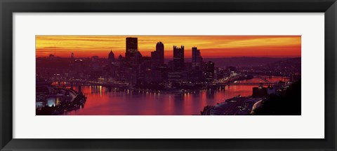 Framed Silhouette of buildings at dawn, Three Rivers Stadium, Pittsburgh, Allegheny County, Pennsylvania, USA Print