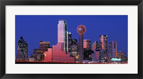 Framed USA, Texas, Dallas, Panoramic view of an urban skyline at night Print