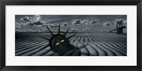 Framed Head of a statue with a broken bridge in the background on a dry river Print