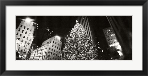 Framed Christmas tree lit up at night, Rockefeller Center, Manhattan (black and white) Print