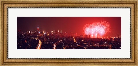 Framed Fireworks display at night over a city, New York City, New York State, USA Print