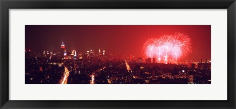 Framed Fireworks display at night over a city, New York City, New York State, USA Print