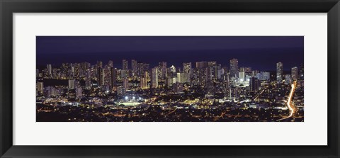 Framed High angle view of a city lit up at night, Honolulu, Oahu, Honolulu County, Hawaii Print