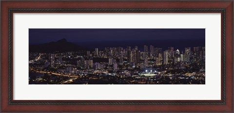 Framed High angle view of a city lit up at night, Honolulu, Oahu, Honolulu County, Hawaii, USA Print
