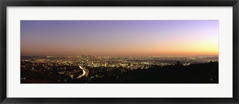 Framed Aerial view of buildings in a city at dusk from Hollywood Hills, Hollywood, City of Los Angeles, California, USA Print
