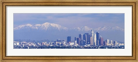 Framed Buildings in a city with snowcapped mountains in the background, San Gabriel Mountains, City of Los Angeles, California, USA Print