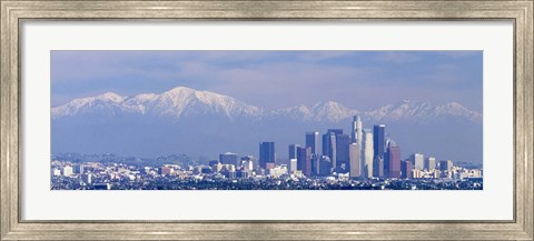 Framed Buildings in a city with snowcapped mountains in the background, San Gabriel Mountains, City of Los Angeles, California, USA Print