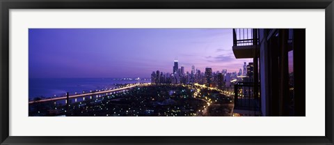Framed High angle view of a city at night, Lake Michigan, Chicago, Cook County, Illinois, USA Print