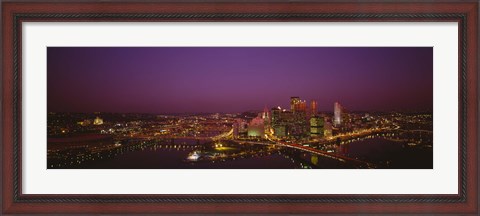 Framed High angle view of buildings lit up at night, Three Rivers Stadium, Pittsburgh, Pennsylvania, USA Print