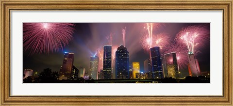Framed Fireworks Over Buildings In Houston, Texas Print
