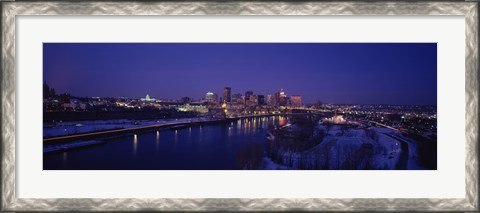 Framed Reflection of buildings in a river at night, Mississippi River, Minneapolis and St Paul, Minnesota, USA Print