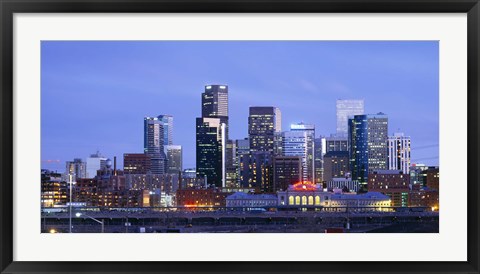 Framed Buildings lit up at dusk, Denver, Colorado Print