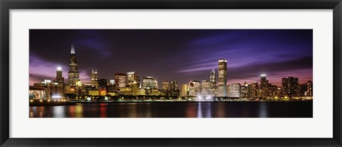 Framed Buildings at the waterfront lit up at night, Chicago, Illinois Print