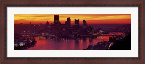 Framed Silhouette of buildings at dawn, Three Rivers Stadium, Pittsburgh, Allegheny County, Pennsylvania, USA Print