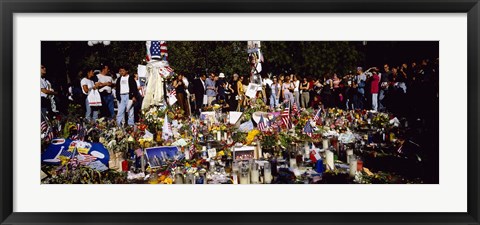 Framed Group of people standing in front of offerings at a memorial, New York City, New York State, USA Print