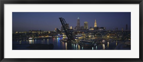 Framed Skyscrapers lit up at night in a city, Cleveland, Ohio, USA Print