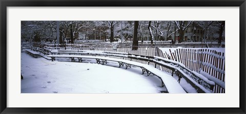 Framed Snowcapped benches in a park, Washington Square Park, New York City Print