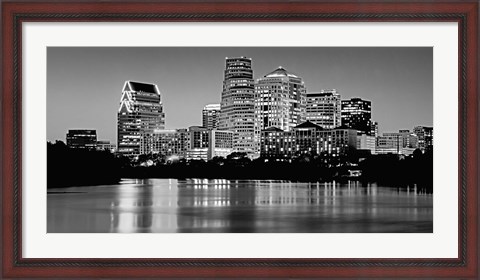 Framed USA, Texas, Austin, Panoramic view of a city skyline (Black And White) Print