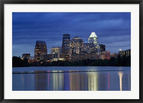 Framed Buildings at the waterfront lit up at dusk, Town Lake, Austin, Texas, USA Print