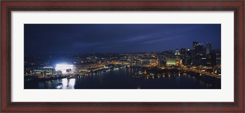 Framed High angle view of buildings lit up at night, Heinz Field, Pittsburgh, Allegheny county, Pennsylvania, USA Print