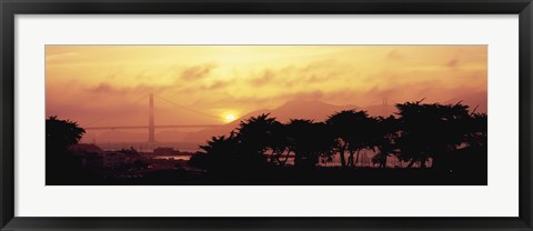 Framed Silhouette of trees at dusk with a bridge in the background, Golden Gate Bridge, San Francisco, California, USA Print