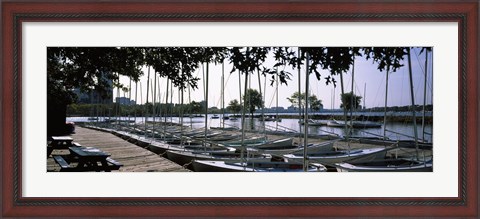 Framed Boats moored at a dock, Charles River, Boston, Suffolk County, Massachusetts, USA Print