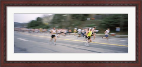 Framed Marathon runners on a road, Boston Marathon, Washington Street, Wellesley, Norfolk County, Massachusetts, USA Print