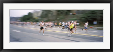 Framed Marathon runners on a road, Boston Marathon, Washington Street, Wellesley, Norfolk County, Massachusetts, USA Print
