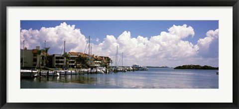 Framed Boats docked in a bay, Cabbage Key, Sunshine Skyway Bridge in Distance, Tampa Bay, Florida, USA Print