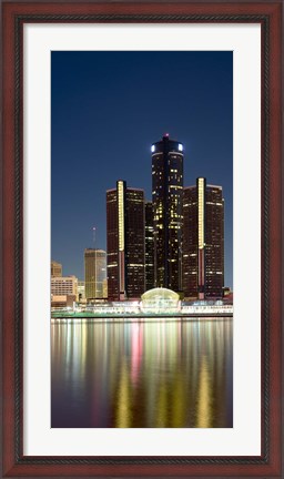 Framed Skyscrapers lit up at dusk, Renaissance Center, Detroit River, Detroit, Michigan, USA Print