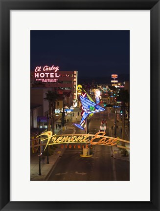 Framed Neon casino signs lit up at dusk, El Cortez, Fremont Street, The Strip, Las Vegas, Nevada, USA Print